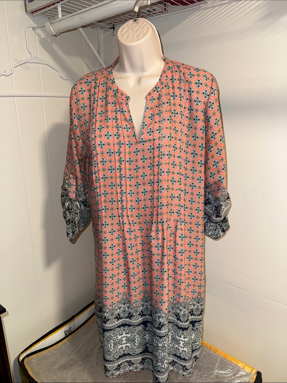 Collective Concepts Coral and Navy Long Sleeve Printed Tunic Dress